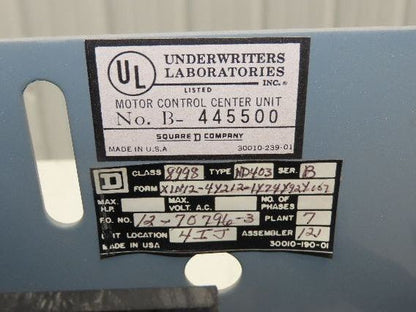 Square D 8998 MCC Bucket Motor Starter 25Hp Size 2 Fused Disconnect 3 Pole 600V