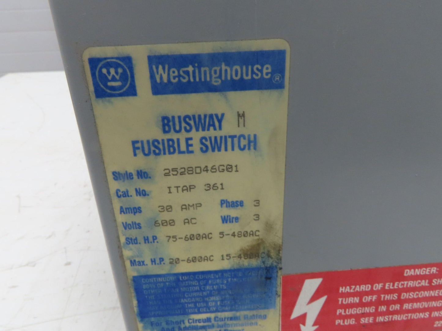 Westinghouse Fusible Busway Disconnect Switch Bus Plug 30A 600VAC 3PH 3W