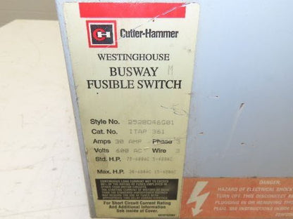 Cutler Hammer Fusible Busway Disconnect Switch Bus Plug 30A 600VAC 3PH 3W