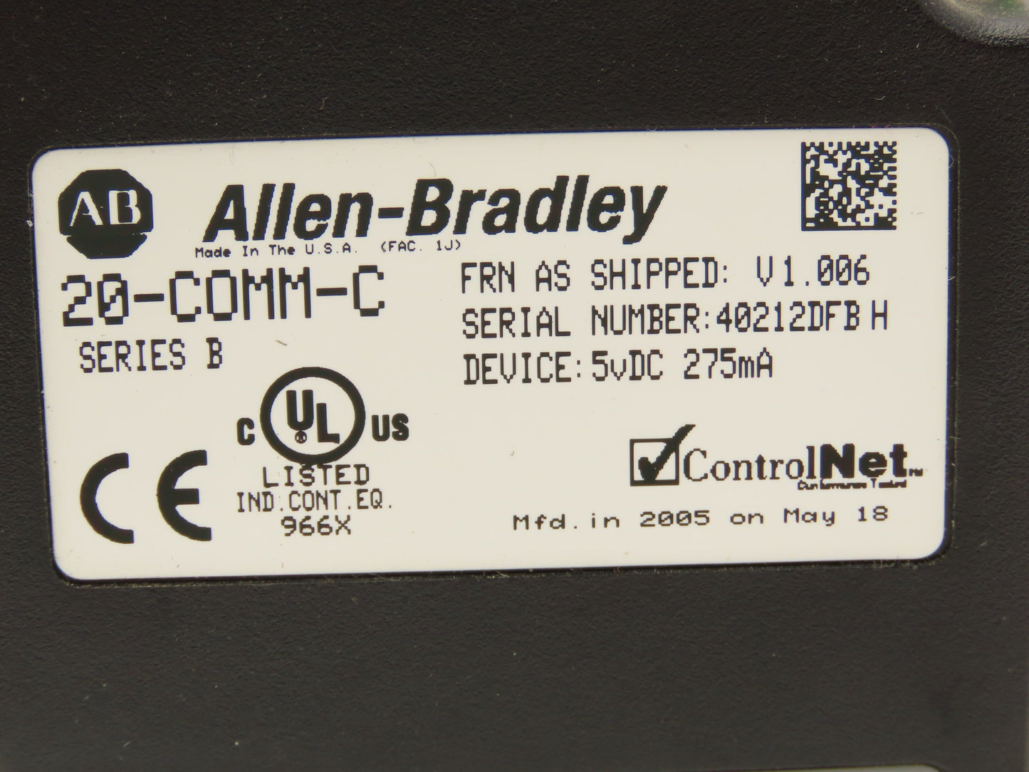 Allen Bradley 20-COMM-C ControlNet Adapter Firmware Ver 1.006