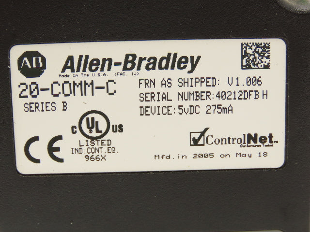 Allen Bradley 20-COMM-C ControlNet Adapter Firmware Ver 1.006