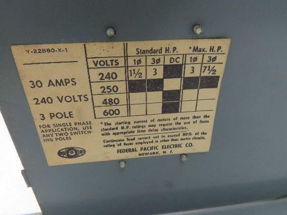 Federal Pacific QMQB-3336 Fusible Panelboard Disconnect Switch Twin 30A 600V 3W