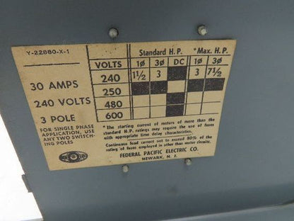 Federal Pacific QMQB-3336 Fusible Panelboard Disconnect Switch Twin 30A 600V 3W