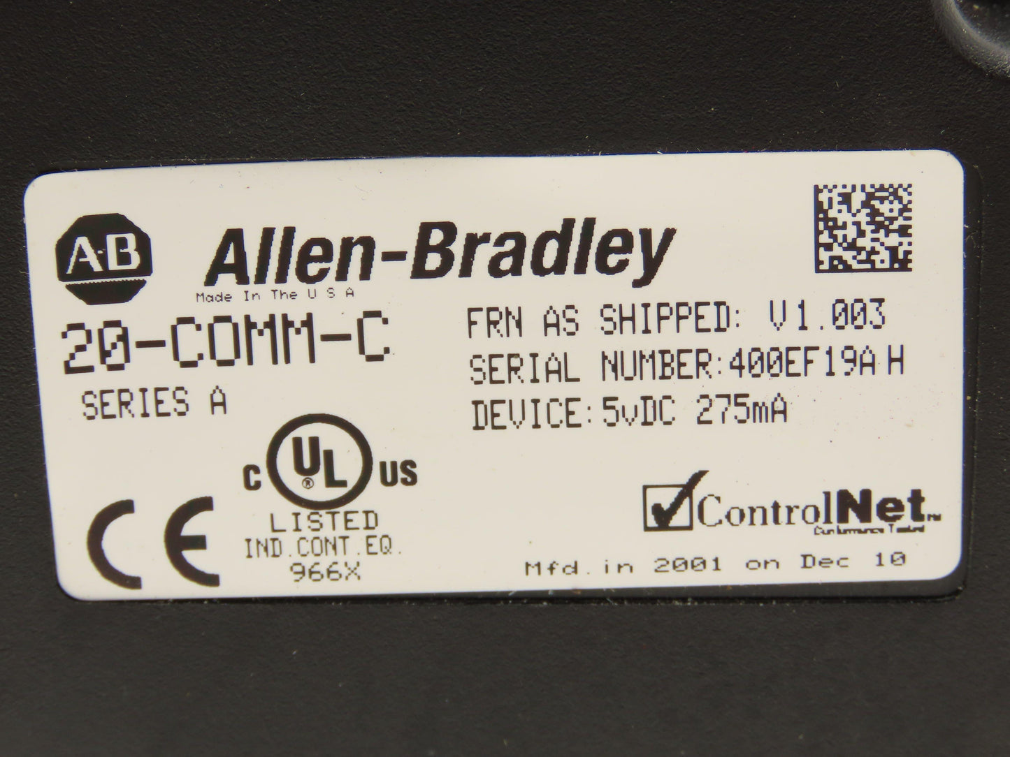 Allen Bradley 20-COMM-C ControlNet Adapter Firmware Ver 1.003