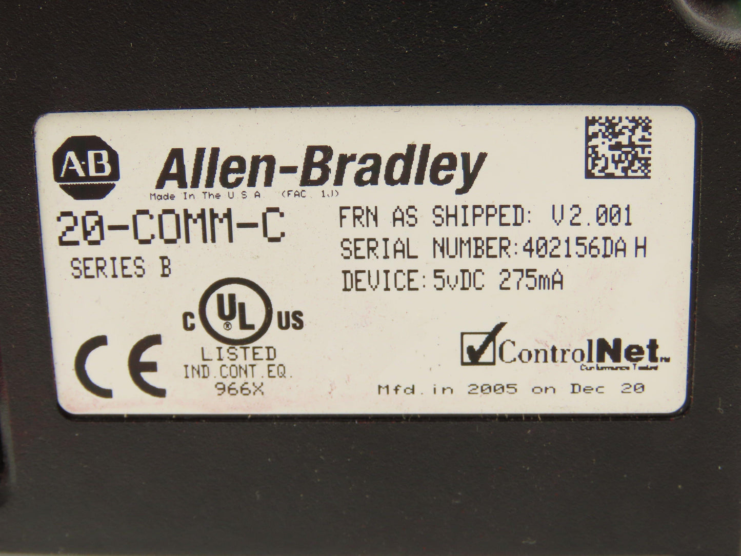 Allen Bradley 20-COMM-C ControlNet Adapter Firmware Ver 2.001