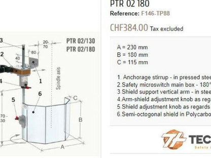 Tecno Piu Rockford PTR 02/180 Drill Press Safety Guard 180mm Height