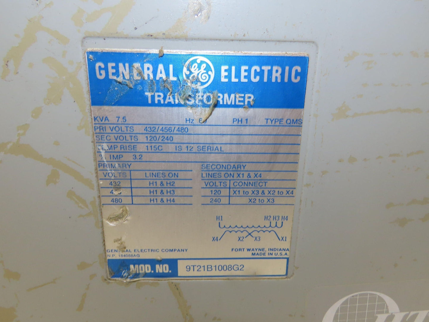 GE 9T21B1008G2 Stepdown Transformer 7.5KVA Hv 432/456/480V LV 120/240V 1PH 3R