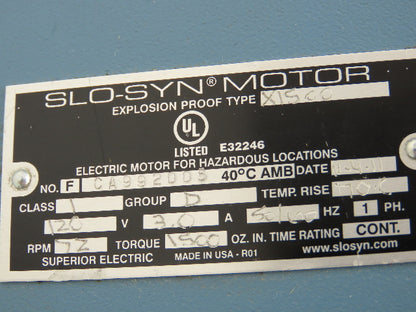 Superior Slo-Syn X-1500 Explosion Proof AC Stepper Motor 72RPM 120V 1500 Oz-In