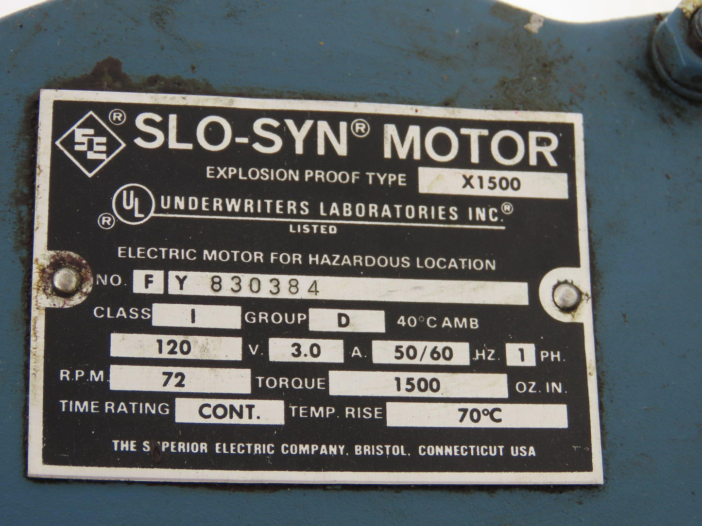 Superior Slo-Syn X-1500 Explosion Proof AC Stepper Motor 72RPM 120V 1500 Oz-In