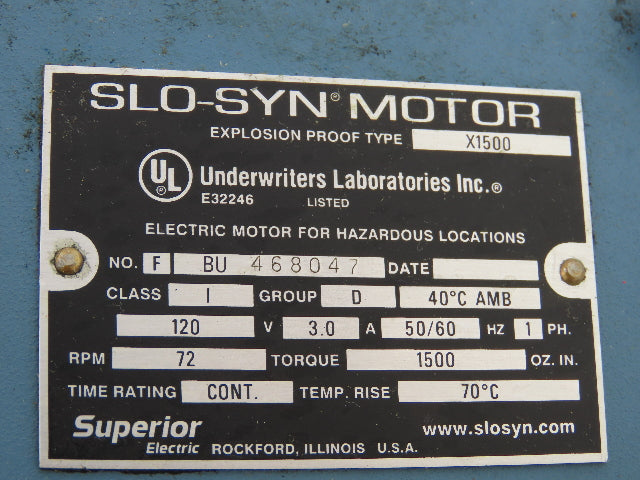 Superior Slo-Syn X-1500 Explosion Proof AC Stepper Motor 72RPM 120V 1500 Oz-In