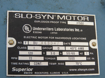 Superior Slo-Syn X-1500 Explosion Proof AC Stepper Motor 72RPM 120V 1500 Oz-In