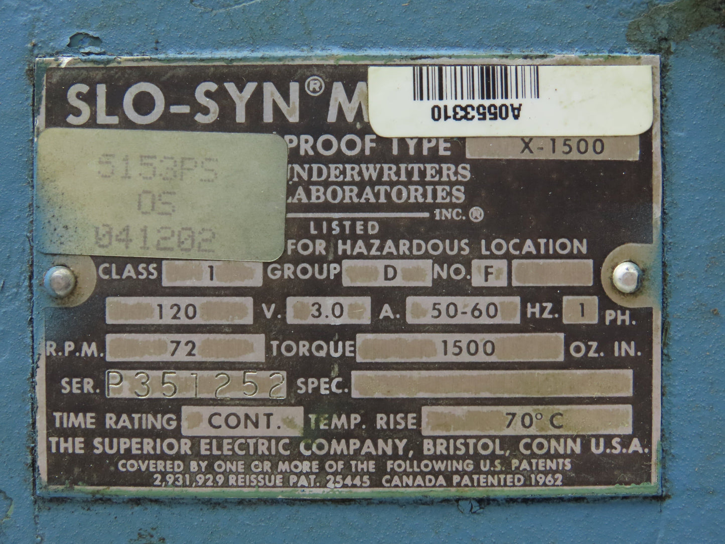 Superior Slo-Syn X-1500 Explosion Proof AC Stepper Motor 72RPM 120V 56C Adapter