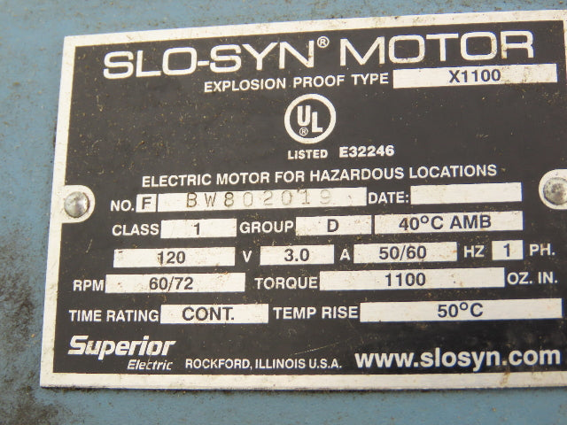 Superior Slo-Syn X1100 Explosion Proof AC Motor 72rpm 120V 1PH 56C Adapter