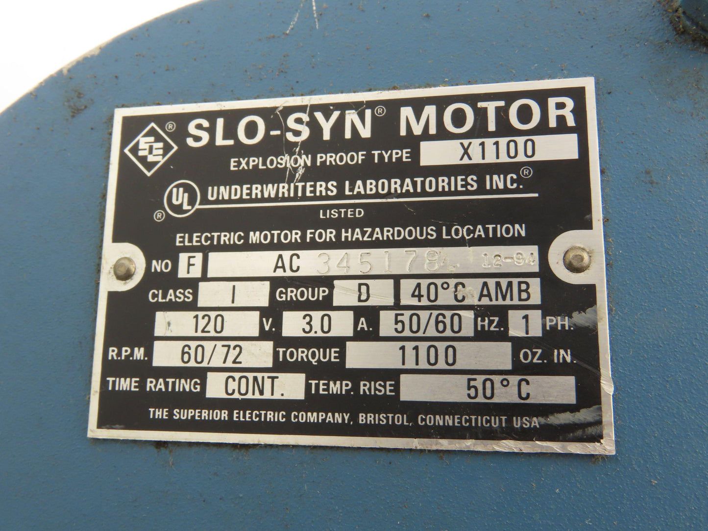 Superior Slo-Syn X1100 Explosion Proof AC Motor 72rpm 120V 1PH