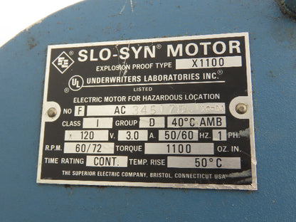 Superior Slo-Syn X1100 Explosion Proof AC Motor 72rpm 120V 1PH