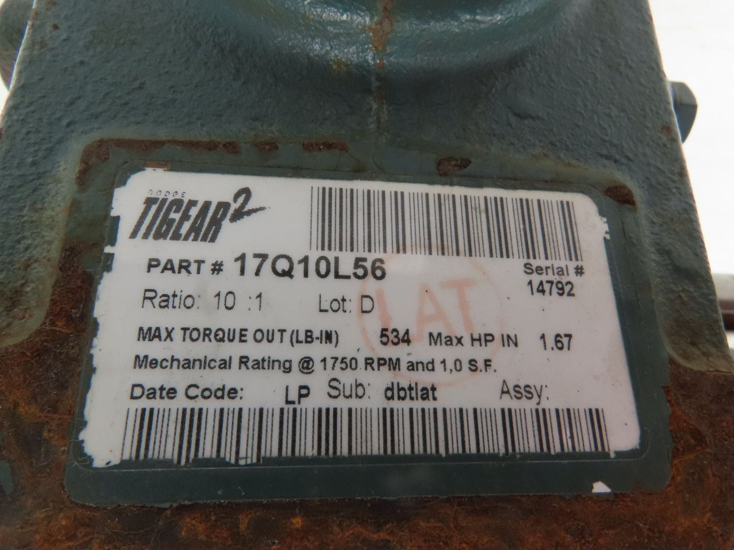 Baldor/Tigear 17Q10L56 Gear Motor 10:1 Reducer 175RPM 1HP 230/460V 3PH RH 56C