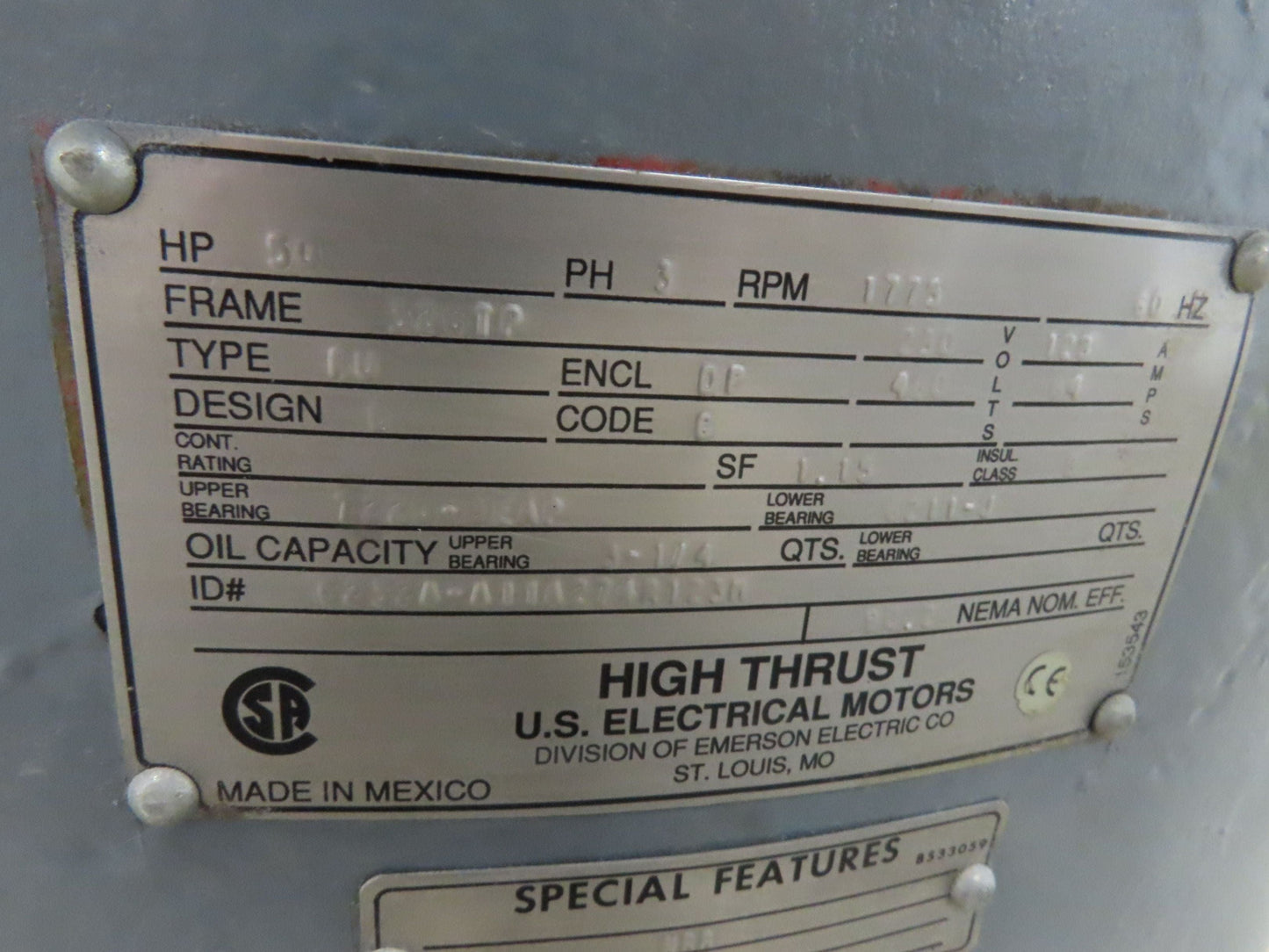 US Motors High Thrust Vertical Motor 50Hp 230/460V 3Ph 326TP 1775RPM DP