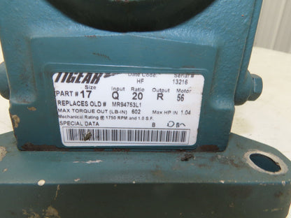 Dodge Baldor 17Q20R56 Gear Motor 20:1 Reducer 86 RPM 3/4Hp 230/460V 3PH RH 56C