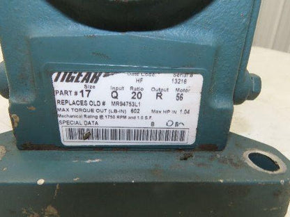 Dodge Baldor 17Q20R56 Gear Motor 20:1 Reducer 86 RPM 3/4Hp 230/460V 3PH RH 56C