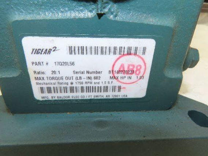 Dodge Baldor 17Q20L56 Gear Motor 20:1 Reducer 86 RPM 3/4Hp 230/460V 3PH LH 56C