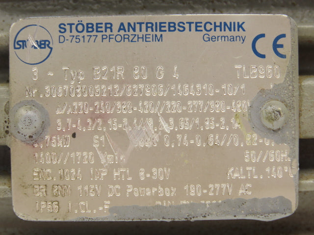 Stober B21R 80 G4 Brake Motor for Gearbox 1Hp 1720 RPM 220-480V 3PH IEC 80 Frame