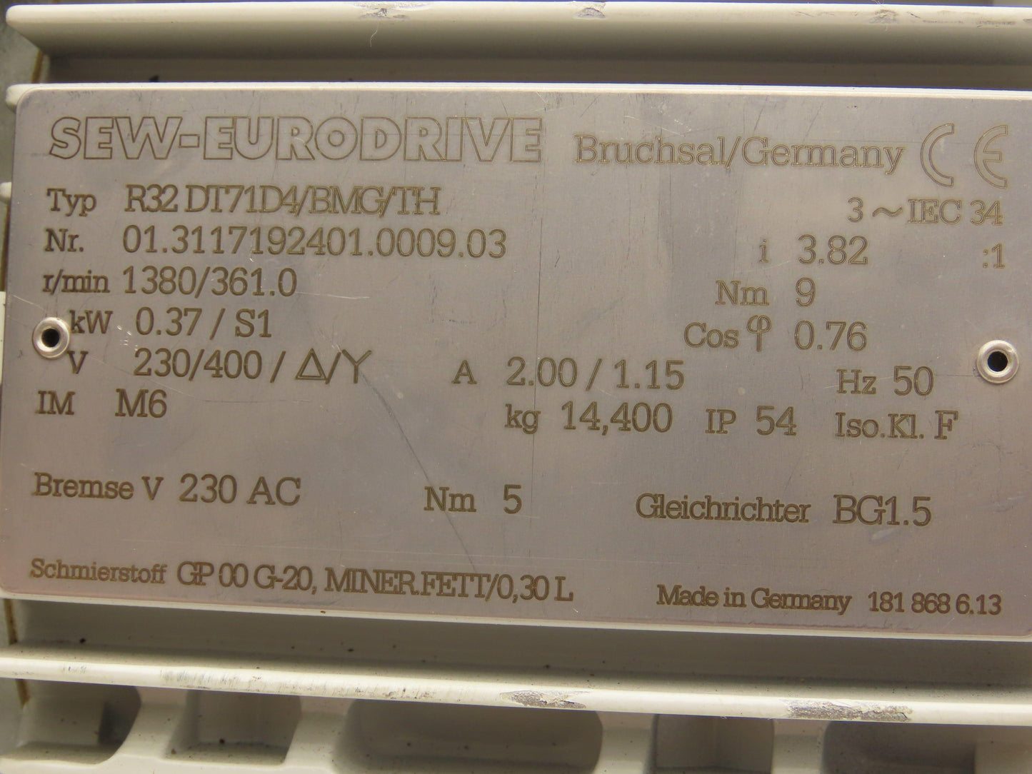 Sew Eurodrive R32 DT71D4/BMG/TH Inline Gearmotor .5Hp 230/400V 3PH 50hz 3.82:1