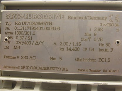 Sew Eurodrive R32 DT71D4/BMG/TH Inline Gearmotor .5Hp 230/400V 3PH 50hz 3.82:1