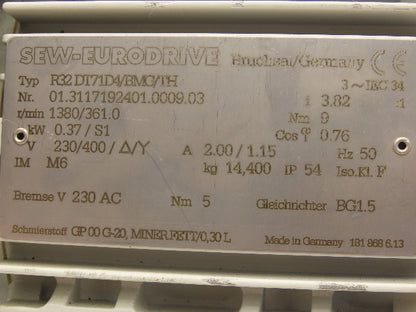 Sew Eurodrive R32 DT71D4/BMG/TH Inline Gearmotor .5Hp 230/400V 3PH 50hz 3.82:1