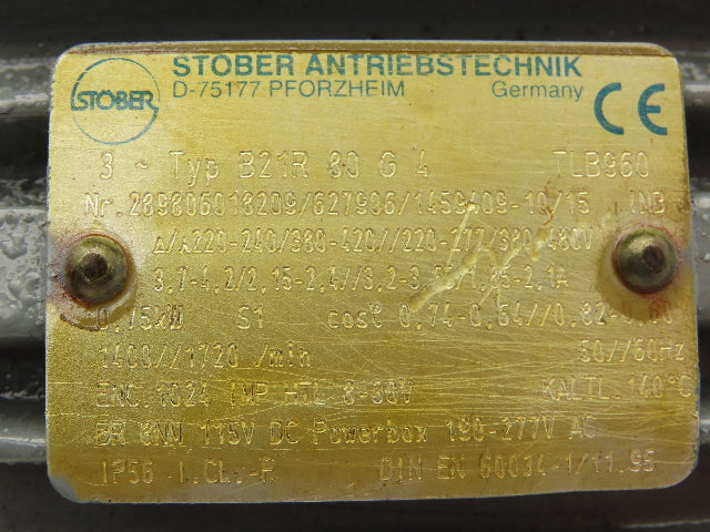Stober B21R 80 G4 Inline Gearmotor 1Hp 273rpm 6.3:1 220-480V 3PH -Brake Removed-