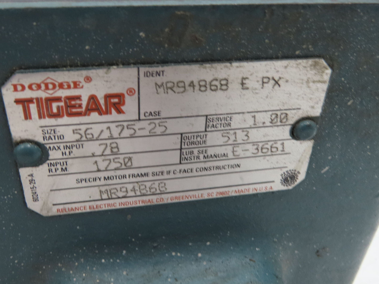 Dodge Leeson MR94868 Gear Motor 25:1 Reducer 69 RPM 3/4Hp 230/460V 3PH LH 56C