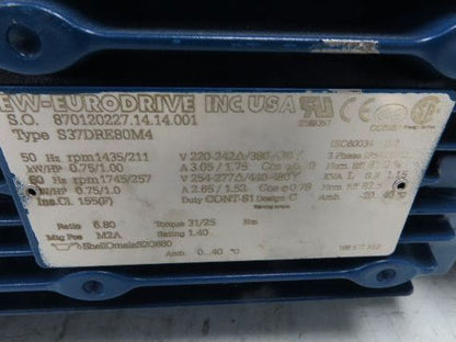 Sew Eurodrive S37DRE80M4 Gearmotor 6.8:1 Reducer 257rpm 1Hp 240/480V 3PH IEC 80M