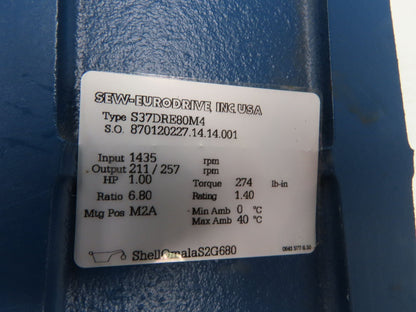 Sew Eurodrive S37DRE80M4 Gearmotor 6.8:1 Reducer 257rpm 1Hp 240/480V 3PH IEC 80M
