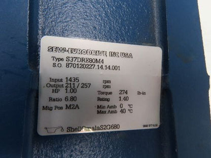 Sew Eurodrive S37DRE80M4 Gearmotor 6.8:1 Reducer 257rpm 1Hp 240/480V 3PH IEC 80M