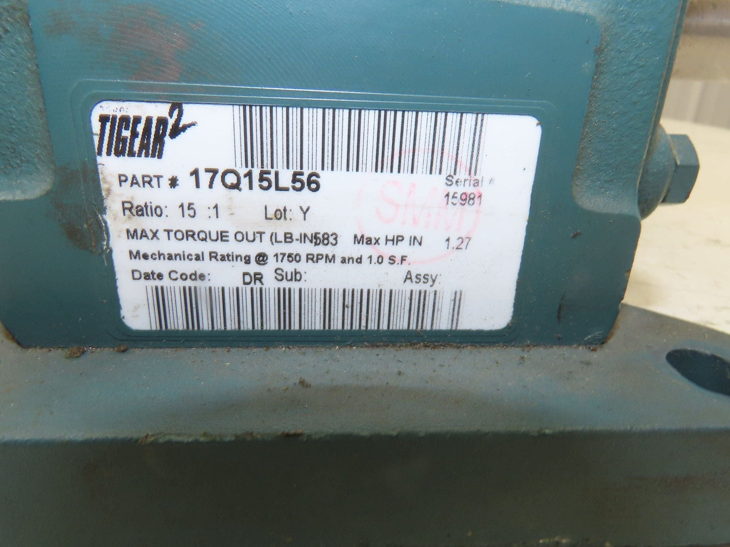 Dodge Baldor 17Q15R56 Gear Motor 15:1 Reducer 117 RPM 0.75Hp 230/460V 3PH LH 56C