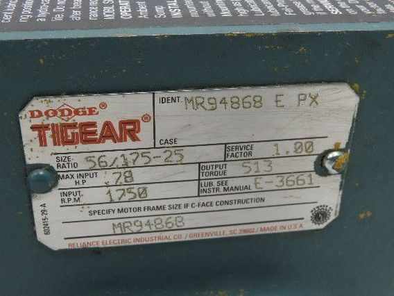 Dodge Leeson MR94868 Gear Motor 25:1 Reducer 69 RPM 3/4Hp 230/460V 3PH LH 56C
