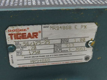 Dodge Leeson MR94868 Gear Motor 25:1 Reducer 69 RPM 3/4Hp 230/460V 3PH LH 56C