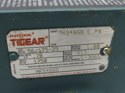 Dodge Leeson MR94868 Gear Motor 25:1 Reducer 69 RPM 3/4Hp 230/460V 3PH LH 56C