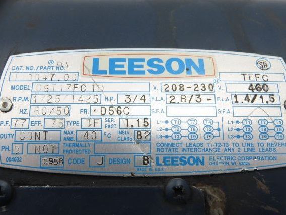 Dodge Leeson MR94868 Gear Motor 25:1 Reducer 69 RPM 3/4Hp 230/460V 3PH LH 56C