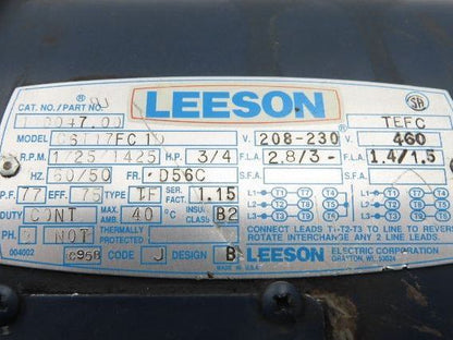 Dodge Leeson MR94868 Gear Motor 25:1 Reducer 69 RPM 3/4Hp 230/460V 3PH LH 56C