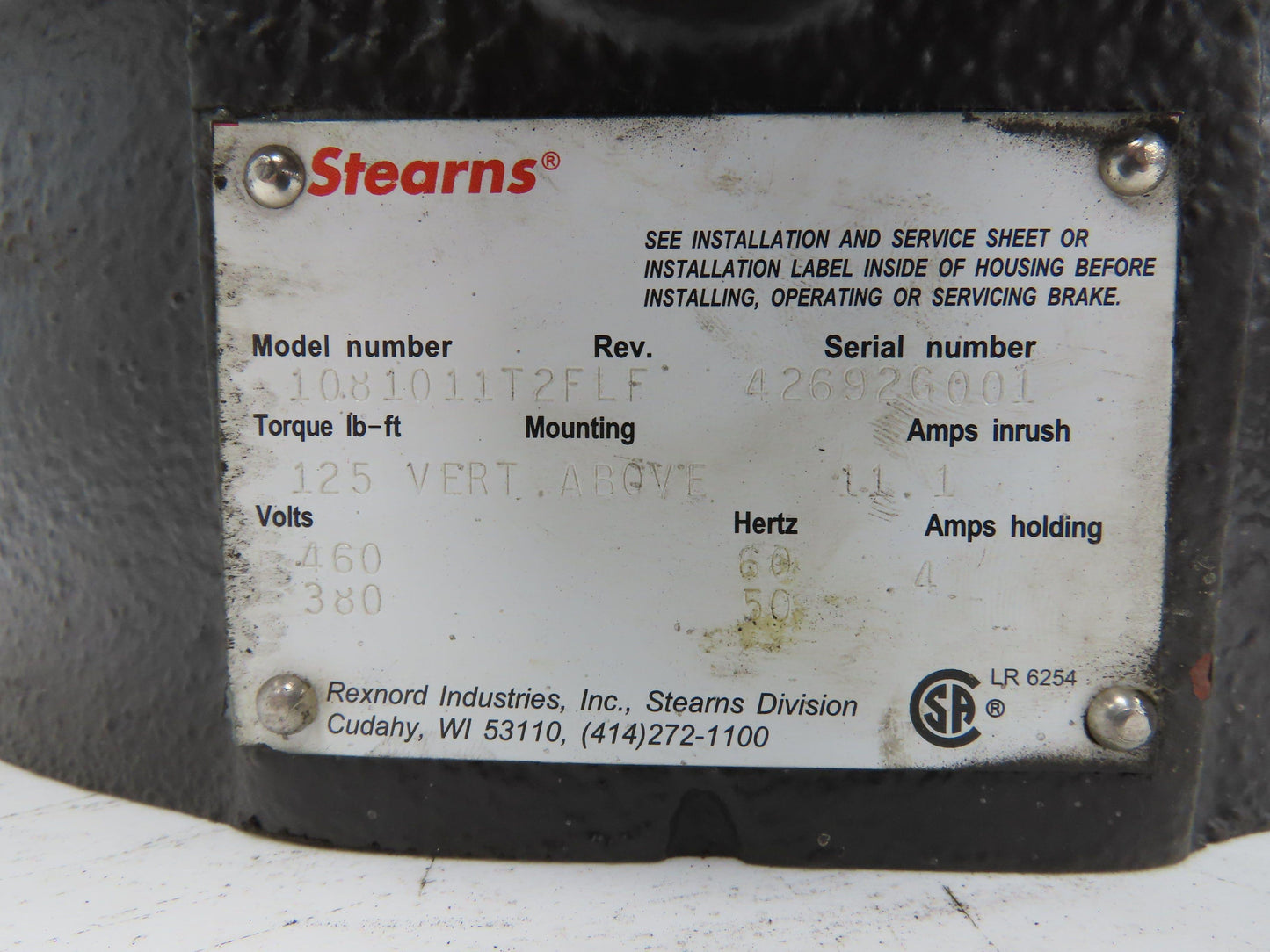 Stearns 1081011T2FLF Clutch Brake 125 Ft-Lb 460V 3PH 324/236TC  -Incomplete-