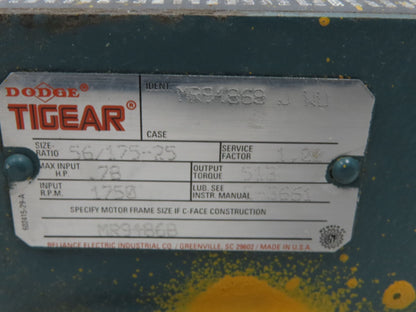 Dodge Reliance MR94868 Gear Motor 25:1 Reducer 69 RPM 3/4Hp 230/460V 3PH LH 56C