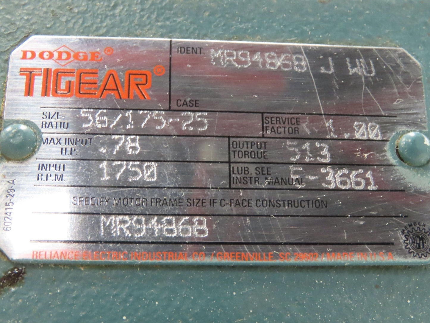 Dodge Leeson MR94868 Gear Motor 25:1 Reducer 69 RPM 3/4Hp 230/460V 3PH LH 56C