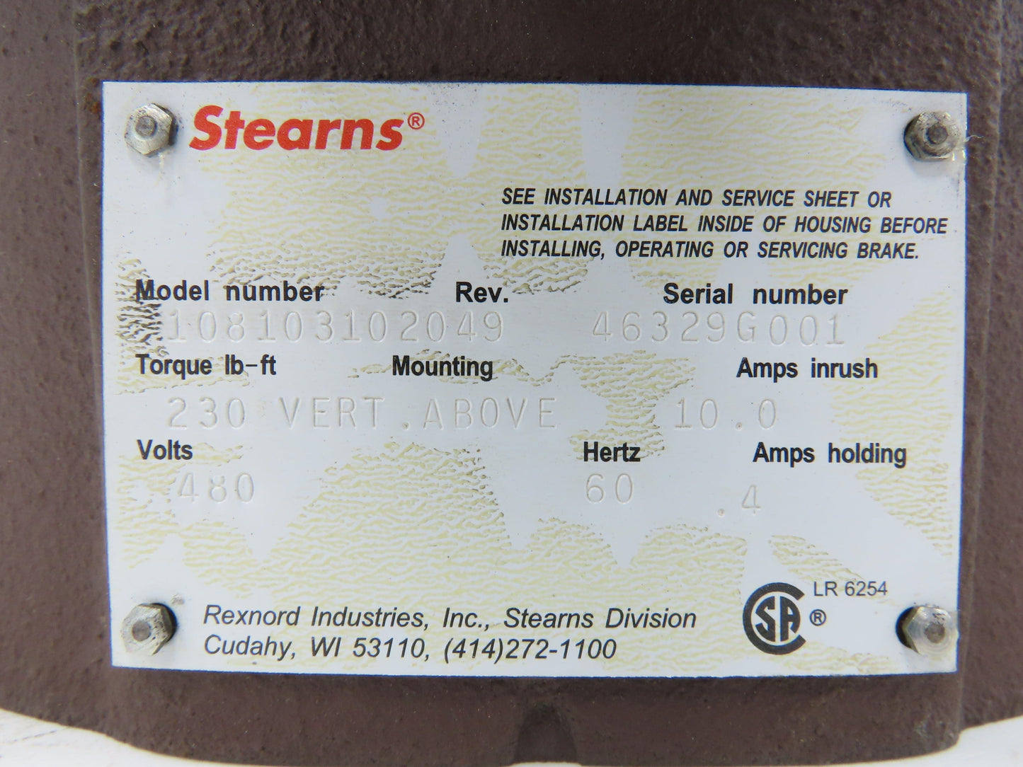 Stearns 108103102049 Clutch Brake 230 Ft-Lb 480V 3PH 324/236TC  -Incomplete-