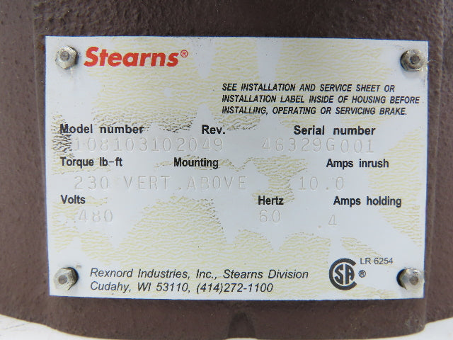 Stearns 108103102049 Clutch Brake 230 Ft-Lb 480V 3PH 324/236TC  -Incomplete-