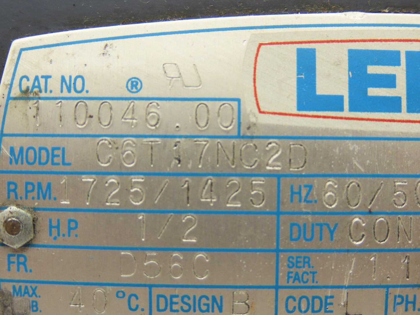 Leeson C6T17NC2D AC Motor 1/2HP 230/460VAC 3PH 56C TE 1725RPM