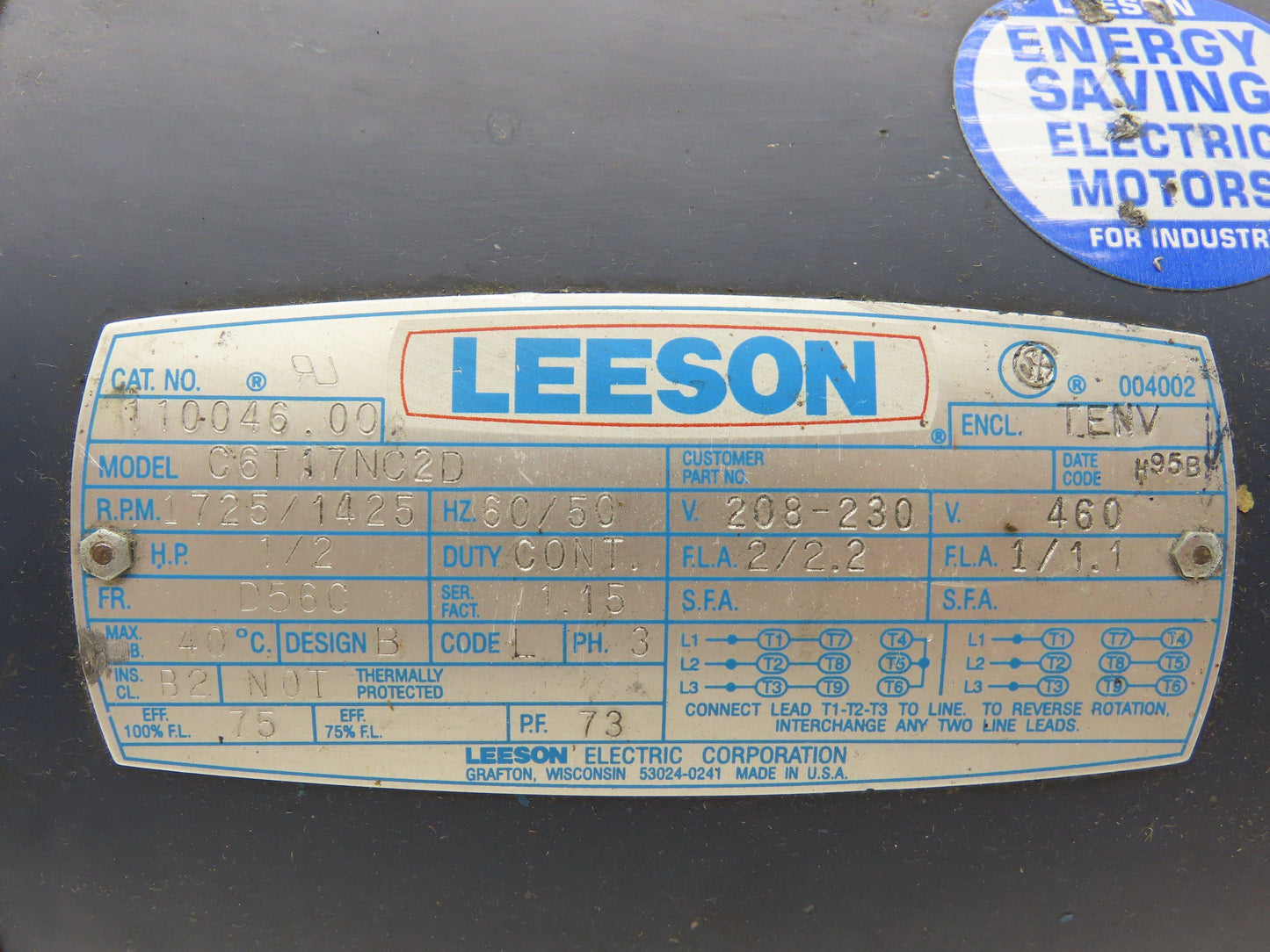 Leeson C6T17NC2D AC Motor 1/2HP 230/460VAC 3PH 56C TE 1725RPM