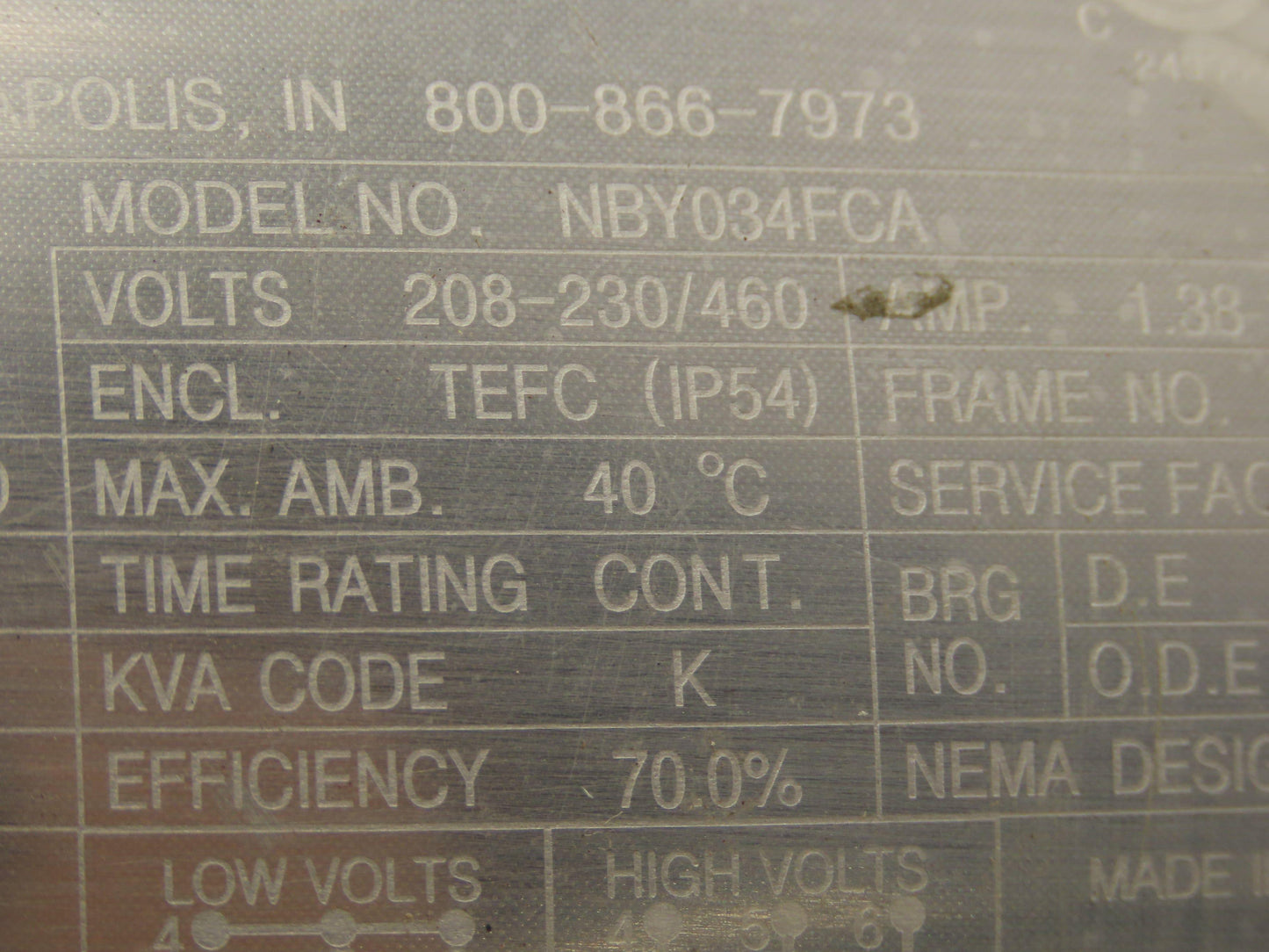 Sterling Electric NBY034FCA AC Motor .33Hp 1750 RPM 208-230/460V 3PH 56C TEFC