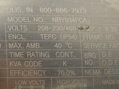 Sterling Electric NBY034FCA AC Motor .33Hp 1750 RPM 208-230/460V 3PH 56C TEFC