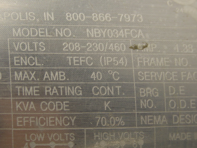 Sterling Electric NBY034FCA AC Motor .33Hp 1750 RPM 208-230/460V 3PH 56C TEFC