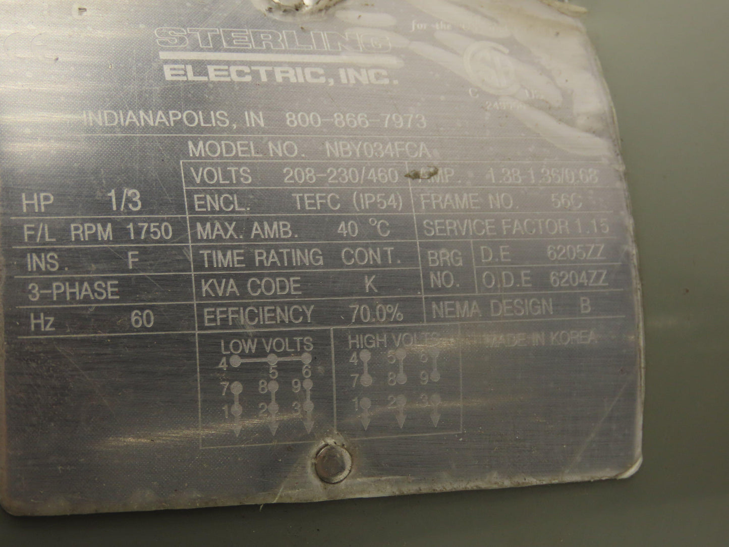 Sterling Electric NBY034FCA AC Motor .33Hp 1750 RPM 208-230/460V 3PH 56C TEFC